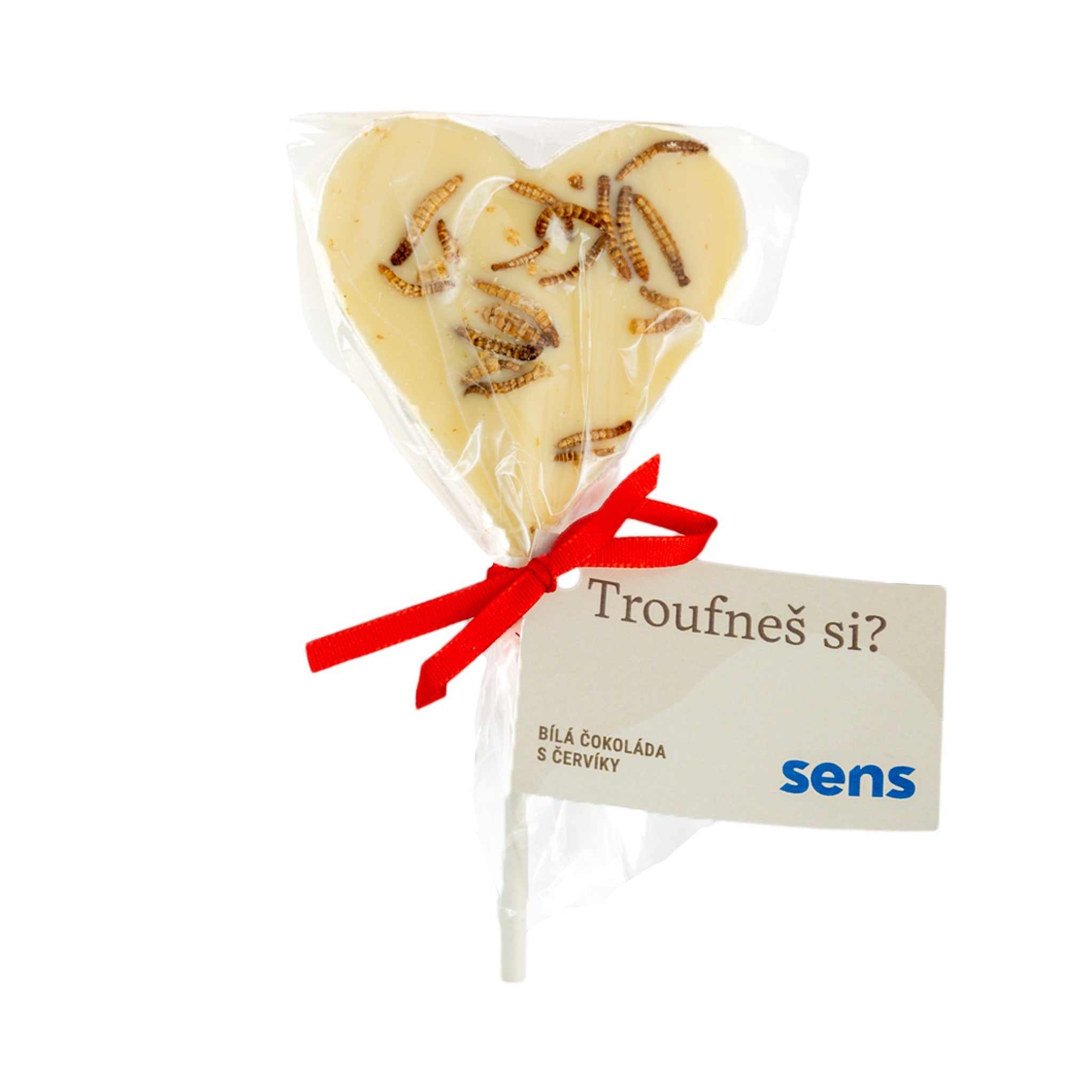 Lízátko z bílé čokolády s praženými červíky (30g)